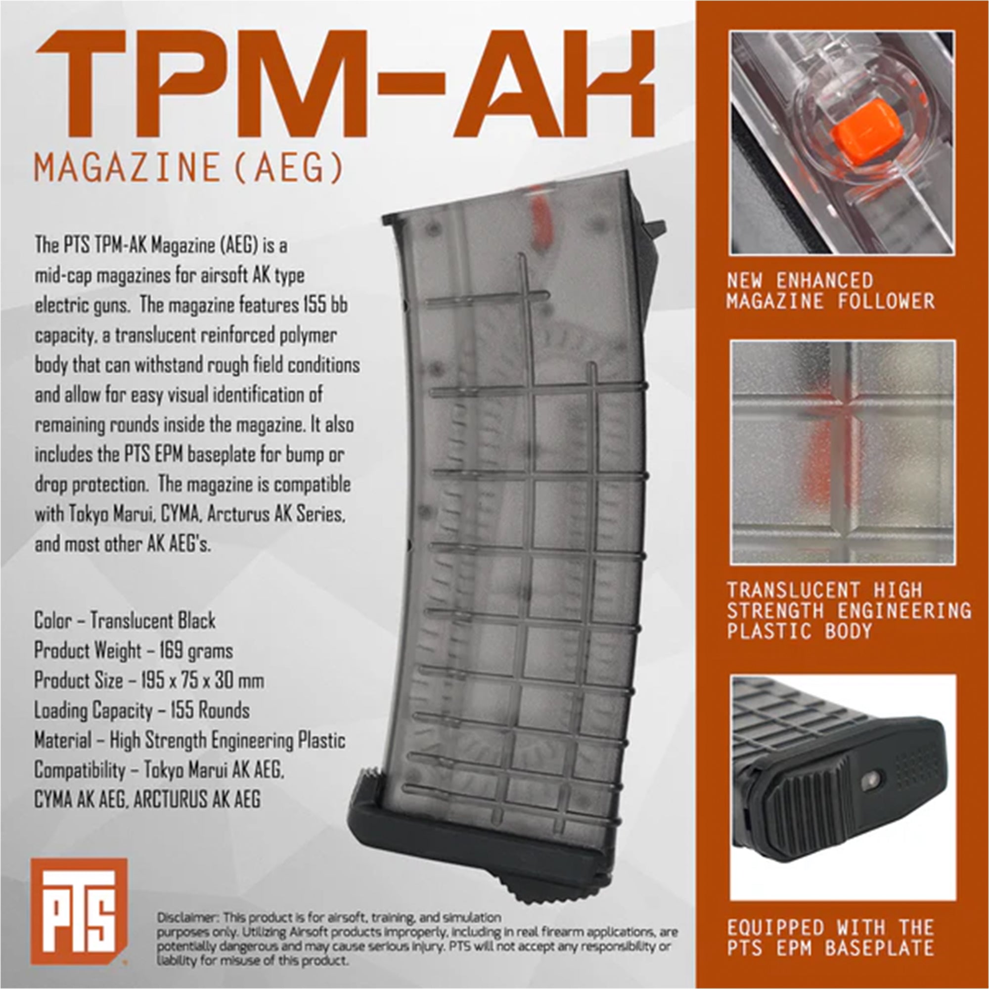 PTS Airsoft Gun Accessories TPM-AK Magazine For AEG AK Series 155rd - Translucent Black マガジン【スモーク】